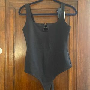 Abercrombie and Fitch Ponte Triangle Notch Bodysuit, black, medium